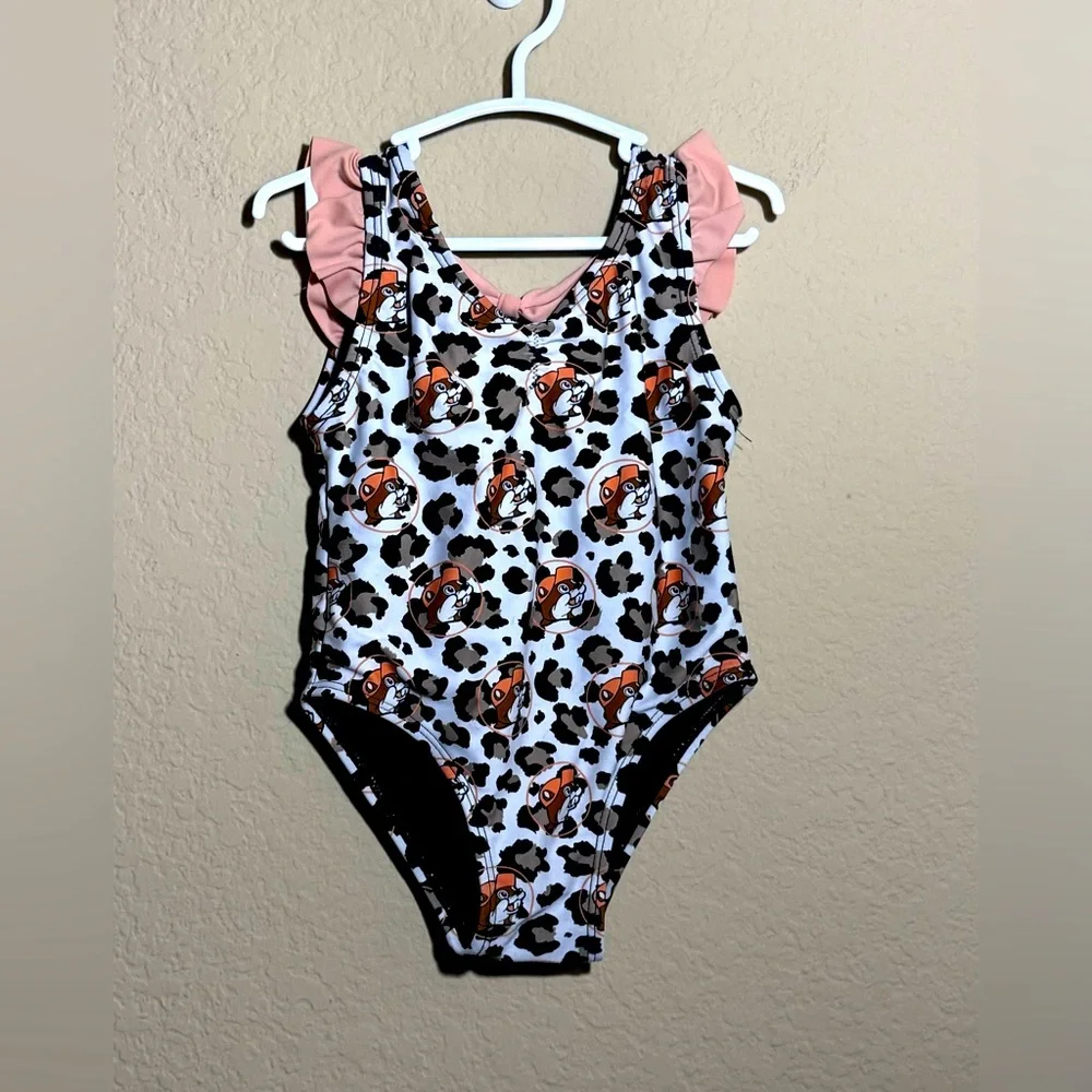 Girls Infant Buc-ee's Leopard One Piece Swimsuit Size 9-12 Months Ruffle Bow